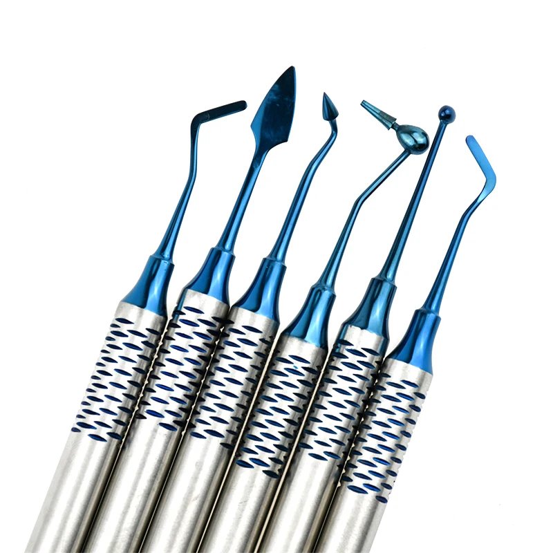 6PCS Dentistry Composite Resin Filling Tool Set Spatula Titanium Plated Head Thick Handle Dental Filler Instrument Material